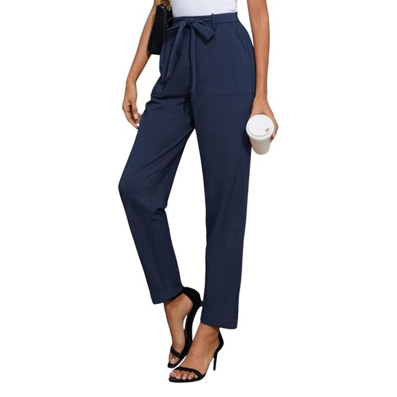Grace Karin Womens High Waist Pants Size Medium Belt Fold-Up Leg Opening Navy - Picture 1 of 11